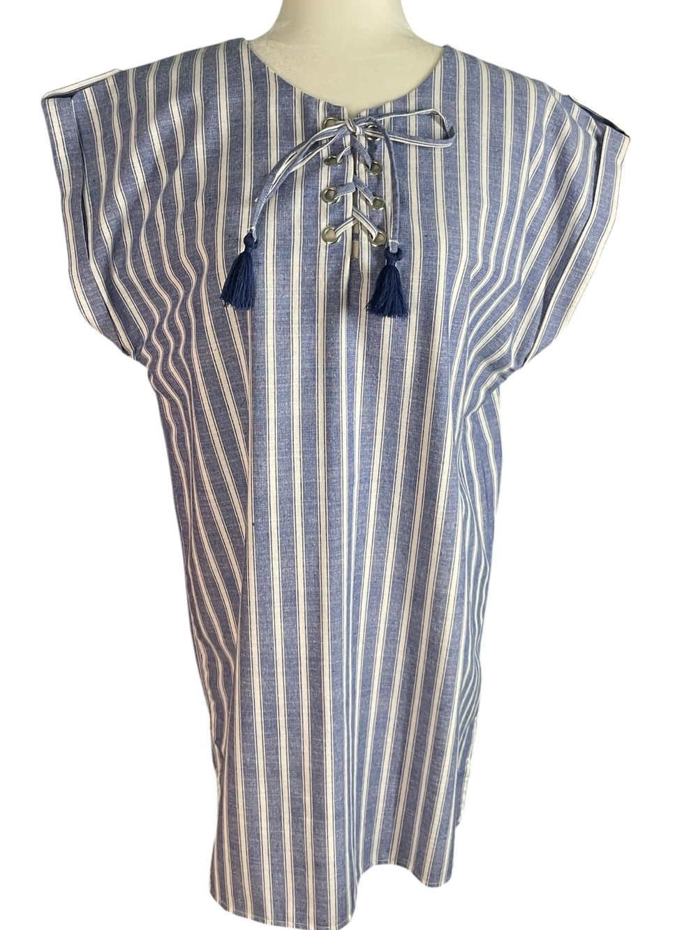 Love Tree Blue White Striped Lace-Up Tunic Dress Sz L Lightweight Cotton Blend